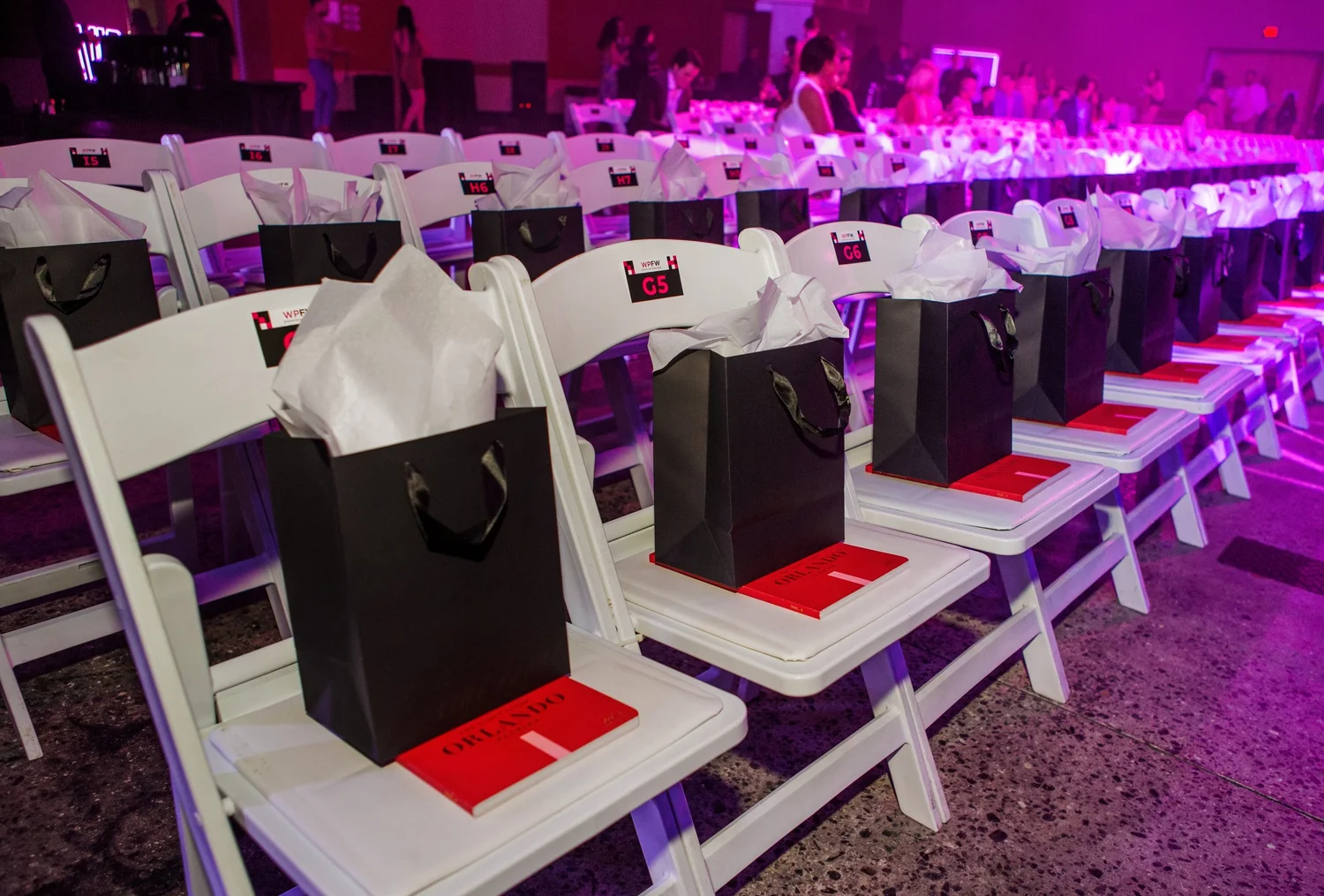 Runway seating with gift bags